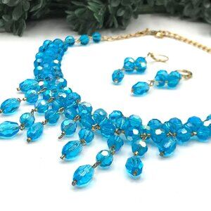 Vintage Gold-Tone Blue Crystal Bead Necklace & Earring Set